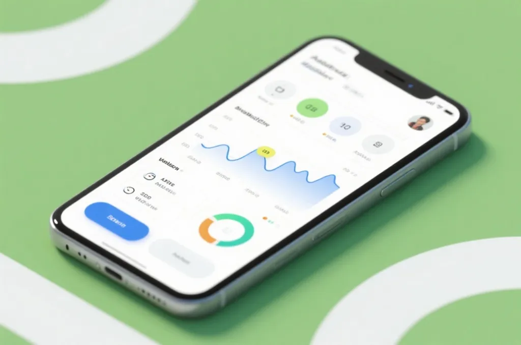 A sleek smartphone displaying a stylized sports analytics UI and live score tracking interface
